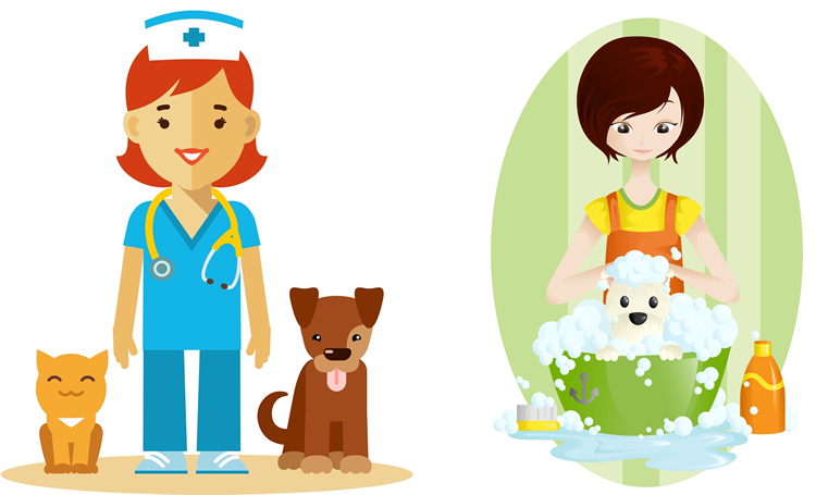 Illustration of a veterinary technician and a grooming professional
