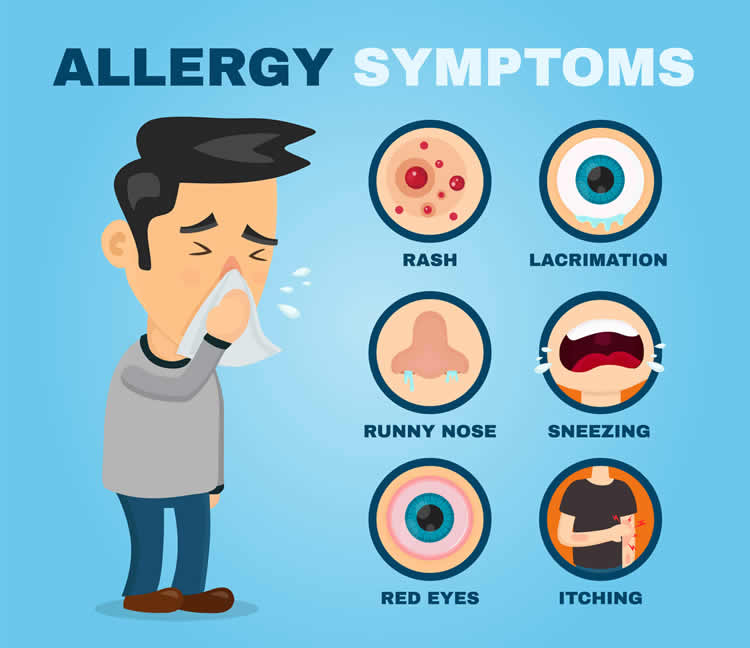 Illustration showing the symptoms of an allergy attack