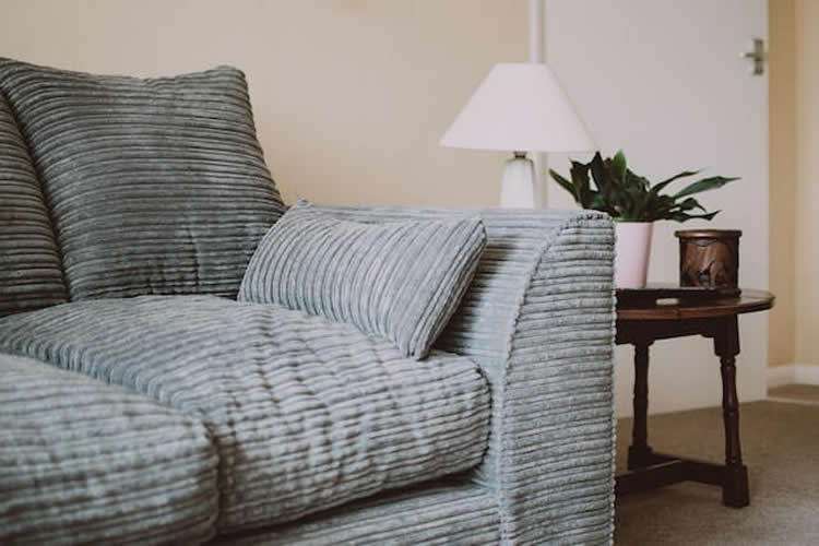 Gray-colored couch with pet fur and dander